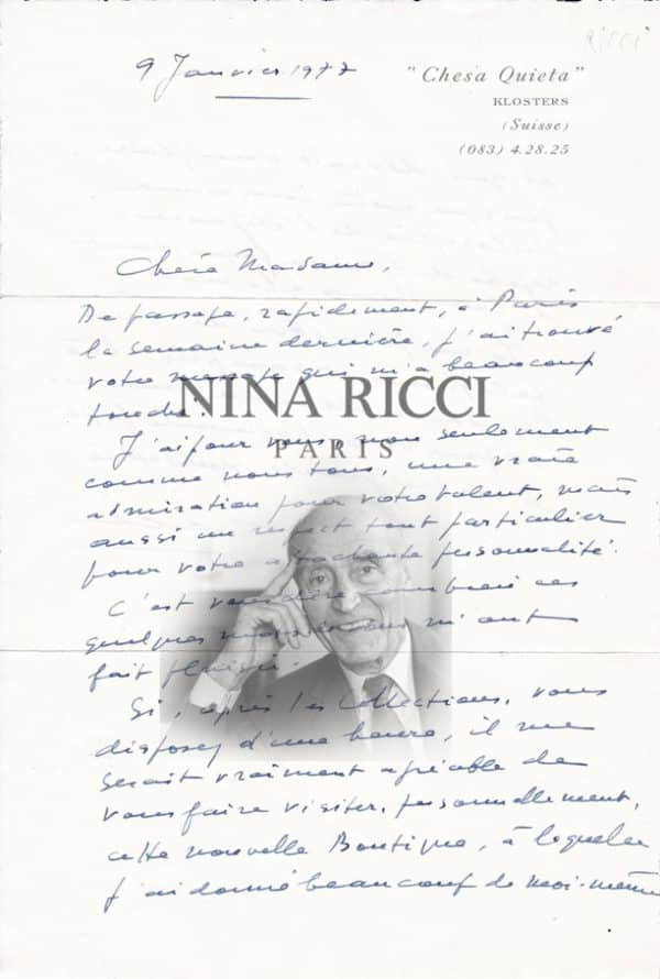 [Nina Ricci] Autograph letter signed to Madame Grès - Marché Dauphine